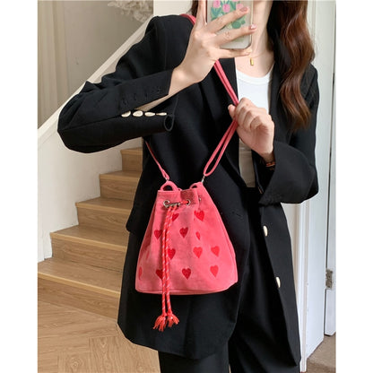 Embroidered Heart Pattern Women Shoulder Crossbody Bag Simple Pink Design Ladies Purse Handbag Casual Female Ourdoor Bucket Bags