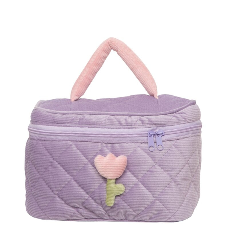 Women&#39;s Tulip Flowers Pouch Large Capacity Travel Cosmetic Bag Corduroy Zipper Toiletry Bags Portable Storage Box Casual Organiz