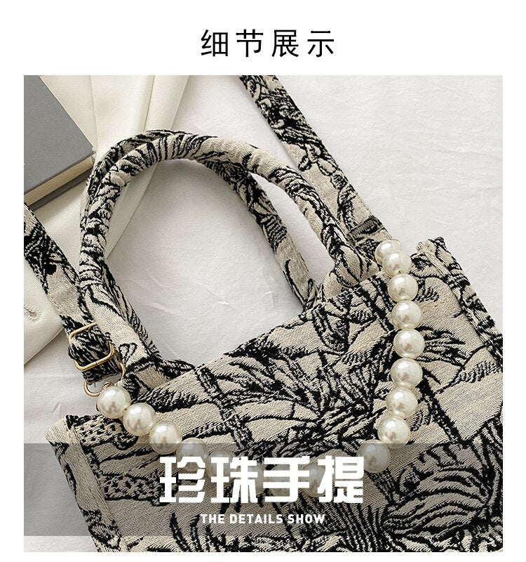 Canvas Mini Tote Bag Women Luxury Designer Handbag Girl Shopper Bag Fashion Casual Landscape Printing Pearls Crossbody Bags
