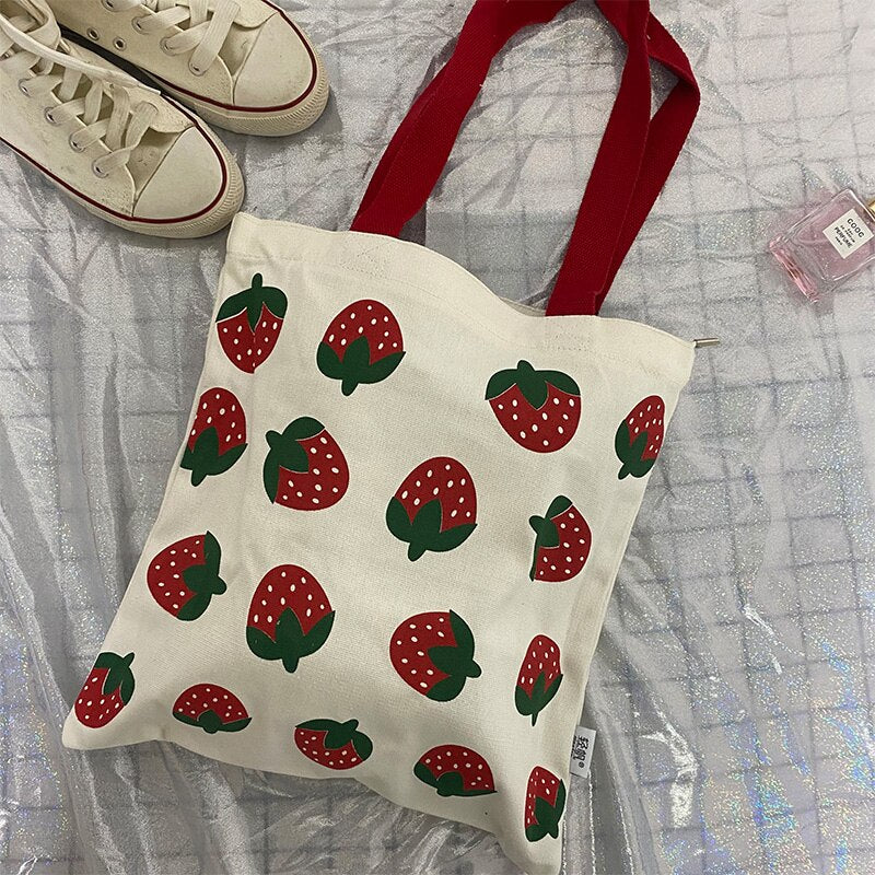 Strawberry Canvas Shoulder Bags Women Sweet Kawaii Teenagers Casual Tote Bag Environmental Reusable Underarm Large Capacity Ins