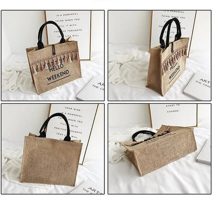 Women Summer Beach Bags Handbags Large Capacity Lady Tassel Shoulder Bag Big Letter Linen Totes Casual Girls Travel Shopping Bag