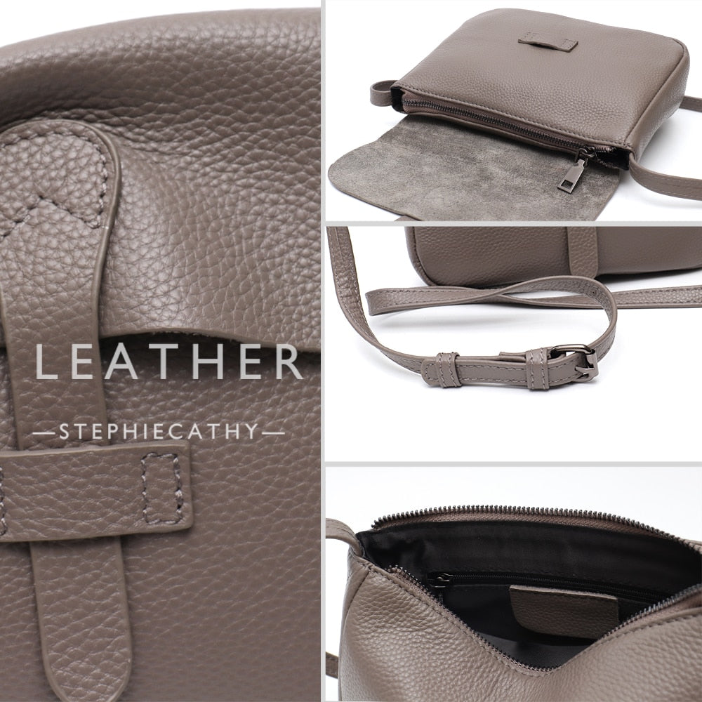 SC Simple Fashion Leather Women Flap Shoulder Bags Minimalist Casual Crossbody Purse Female Genuine Cowhide Sling Handbags Purse