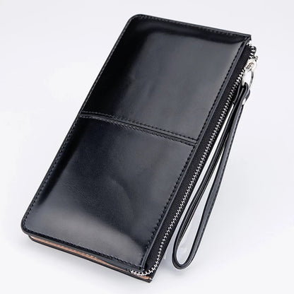 Women&#39;s Vintage Oil Wax Leather Zipper Clutch Wallet Female Large Capacity Coin Purse Ladies Wristband Simple Card Holder Wallet