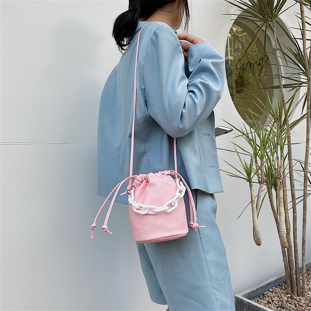 Drawstring Shoulder Bag Women PU Chain Bucket Handbags Female Solid Color Purse Youth Ladies Simple Versatile Bag