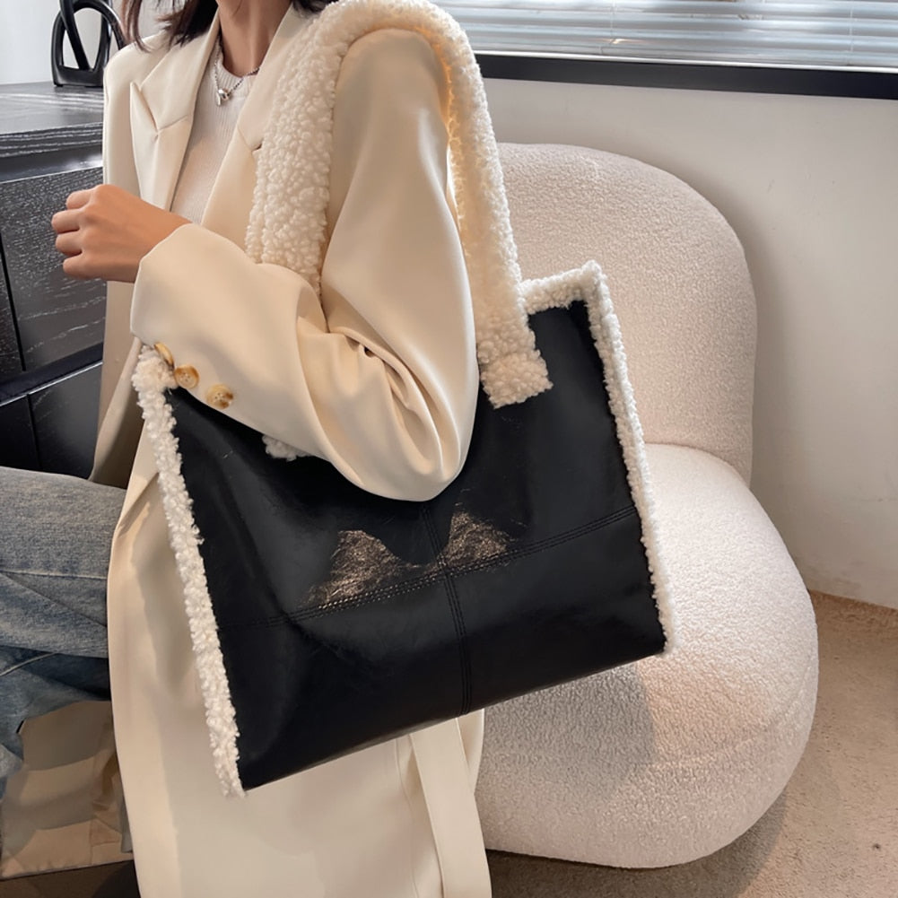 Women New PU Leather Faux Fur Top-handle Tote Bag Student Winter Fashion Faux Lamb Wool Big Capacity Laptop Everyday Handbag