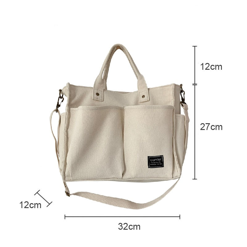Hylhexyr Fashion Shopping Bag High Quality Handbags Cotton Canvas Tote Shoulder Messenger Bags With Outside Pockets