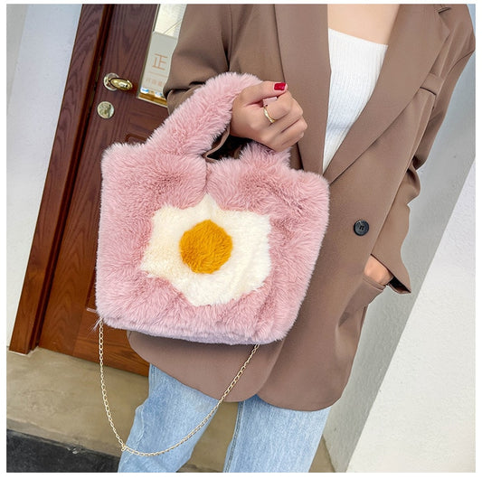 Fashian Faux Fur Egg Toast Bag Tote Bag Women Winter Warm Handbag High Quality