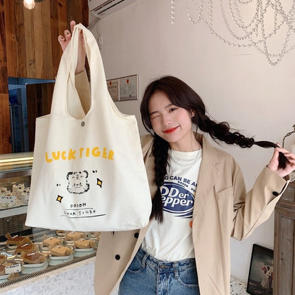 Women&#39;s Canvas Tote Bags Korean Students Shoulder Cotton Cloth Shopping Bag Eco Shoppers Cartoon Tiger Female Handbag for School