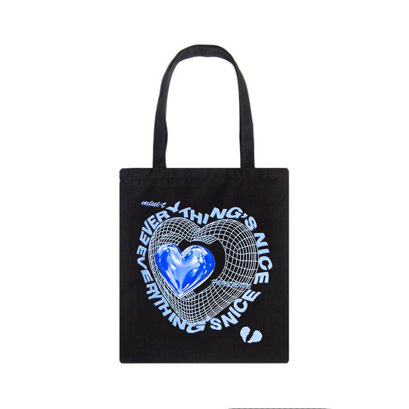 Y2k Heart Printing Tote Bags for Women Harajuku Resuable Eco Shopping Bag Linen/cotton Unisex Aesthetic Shopper Bag Bolso Mujer