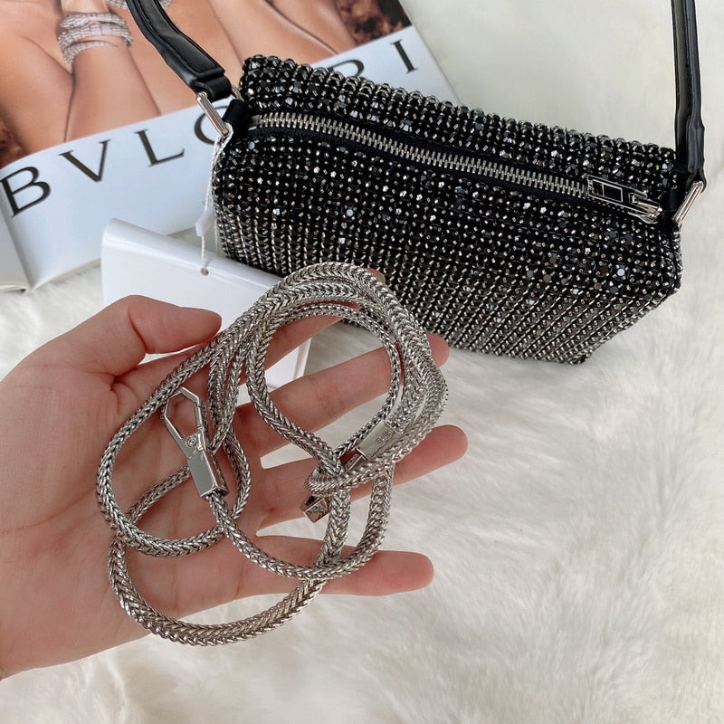 Crystal Rhinestone Evening Crossbody Bags for Women Luxury Brand Bling Purse Mini Top Handle Handbag Chain Mesh Clutch for Party