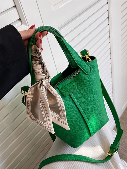 Scarf Bucket Handbag for Women Tote Green Fashion Designer Pu Leather Women&#39;s Shoulder Crossbody Bag Shopper Female Handbags