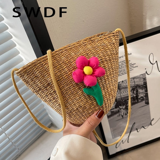 SWDF New Popular Bag Women&#39;s Fashion Bags Summer Small Vacation Bag Beach Bag Crossbody Straw Basket Bag Bucket Bag Shoulder Bag