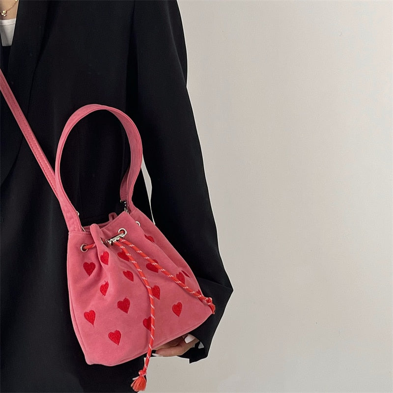 Sweet Heart Women Drawstring Shoulder Bag Embroidered Pattern Ladies Bucket Purse HandBags Retro Pink Female Plaid Messenger Bag