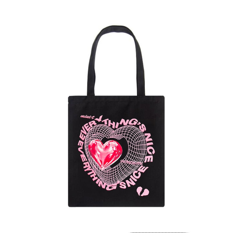 Y2k Heart Printing Tote Bags for Women Harajuku Resuable Eco Shopping Bag Linen/cotton Unisex Aesthetic Shopper Bag Bolso Mujer