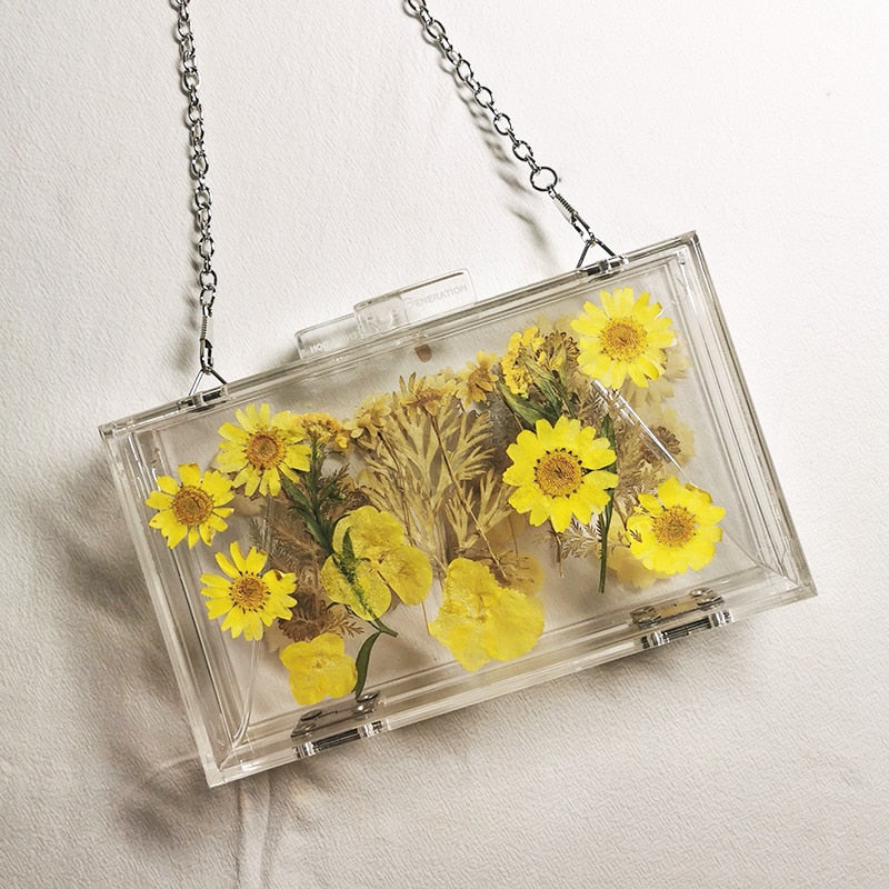 Transparent Acrylic Handbag Dride Flowers Evening Clutches Party Wedding Wallet Women Chain Shoulder Bag Free Shipping Wholesale