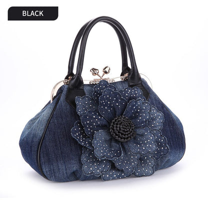Fashion Women Vintage Roses Flowers Shoulder Bag Female Casual Handbag Girl Denim Messenger Bags Luxury Brand Handbags