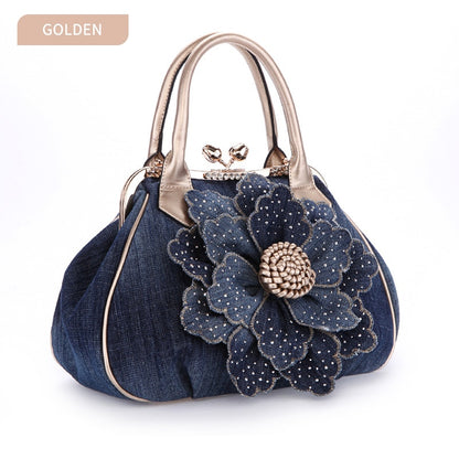 Fashion Women Vintage Roses Flowers Shoulder Bag Female Casual Handbag Girl Denim Messenger Bags Luxury Brand Handbags