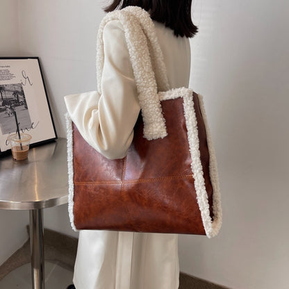 Women New PU Leather Faux Fur Top-handle Tote Bag Student Winter Fashion Faux Lamb Wool Big Capacity Laptop Everyday Handbag