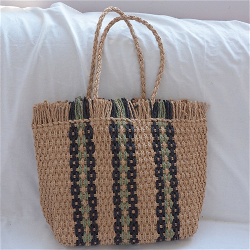 New Fashion Buckle Fringe Straw Bag Large Capacity Summer Paper Rope Woven Striped Women&#39;s Handbag Designer Women&#39;s Shoulder Bag