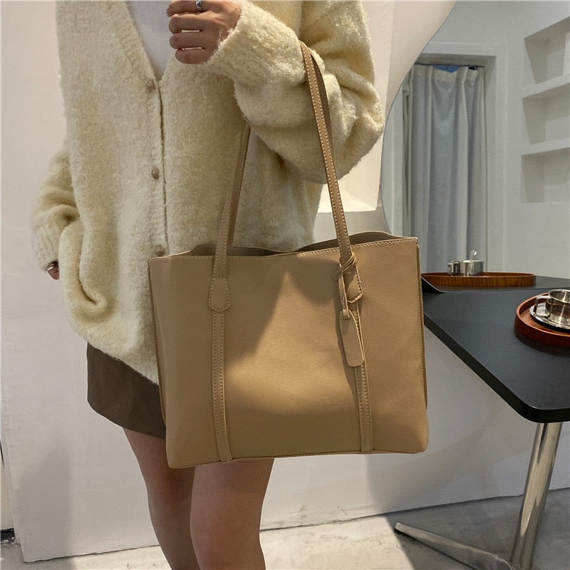 Fashion Women&#39;s PU Large Capacity Shopping Travel Shoulder Tote Bag Casual Student Simple Book Notebook Commuter Handbag Purses