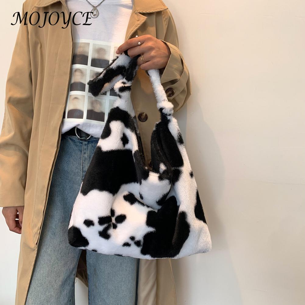 Women Shoulder Bags Fluffy Women Autumn Winter Leopard Cow Printing Large Tote Plush Underarm Bag for Daily Travel