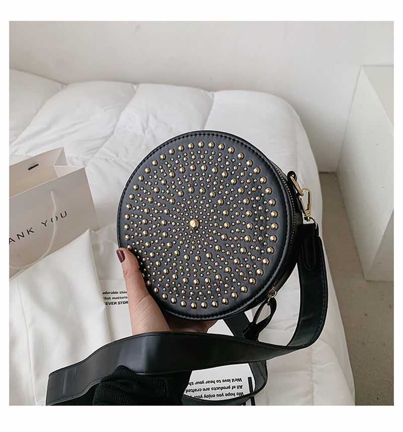 Annmouler Brand Women Shoulder Bag Small Rivet Round Bag Pu Leather Black Crossbody Bag High Quality bolsa feminina Girls Purse