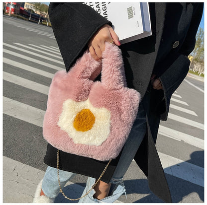 Fashian Faux Fur Egg Toast Bag Tote Bag Women Winter Warm Handbag High Quality