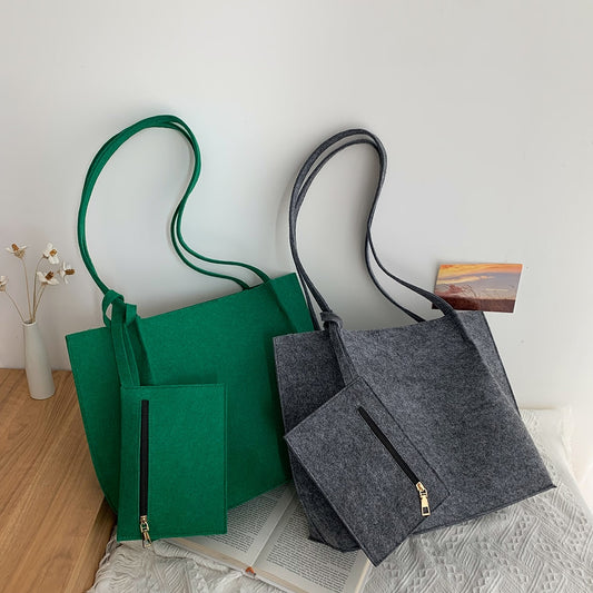 Vintage Felt Cloth Shoulder Bag Pouch 2pcs Composite Bags Women Large Capacity Shopping Bags Casual Solid Color Tote Handbags