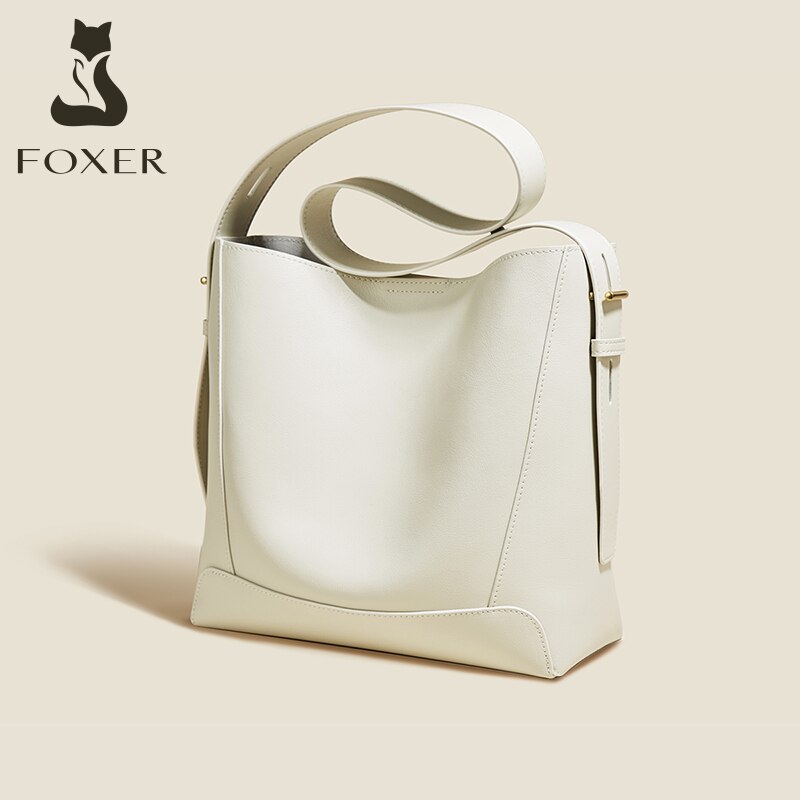 FOXER Lady Shoulder Messenger Bags Office Commuter Purse Split Leather Women Bucket Bag Retro Large Capacity Handbag Wide Strap