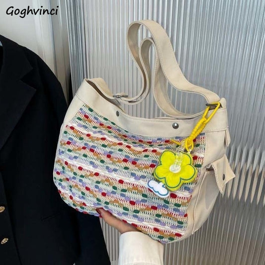 Colorful Shoulder Bags Women Large Capacity Canvas Tote Bag All-match Woven Crossbody Handbag Student Ins Fashion Underarm Pouch