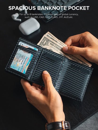 Men Credit Card Holder RFID Blocking Genuine Leather Magnetic Closure Pop Up Card Wallet with ID Window and Coin Pocket