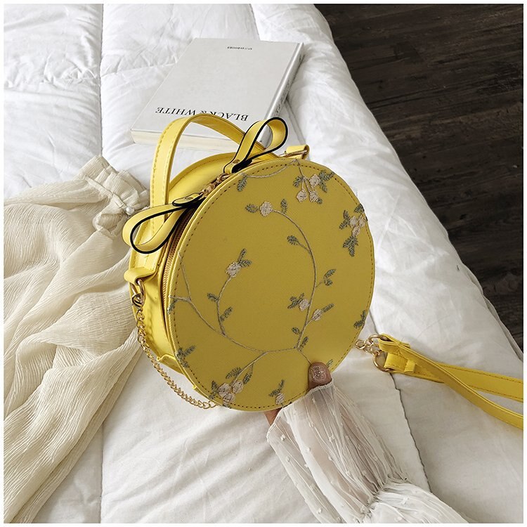 Female Sweet Lace Heart Round Handbags High Quality PU Leather Cross Body Bags for Women Small Fresh Flower Chain Shoulder Bags