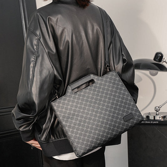 New Luxury Brand Designer Plaid Leather Briefcase Work Office Laptop Handbag Zipper iPad Document Stereotyped Bag Male Satchels