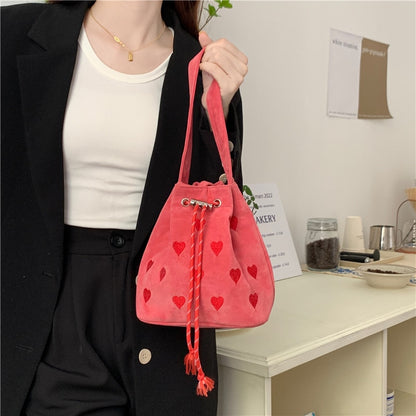 Embroidered Heart Pattern Women Shoulder Crossbody Bag Simple Pink Design Ladies Purse Handbag Casual Female Ourdoor Bucket Bags