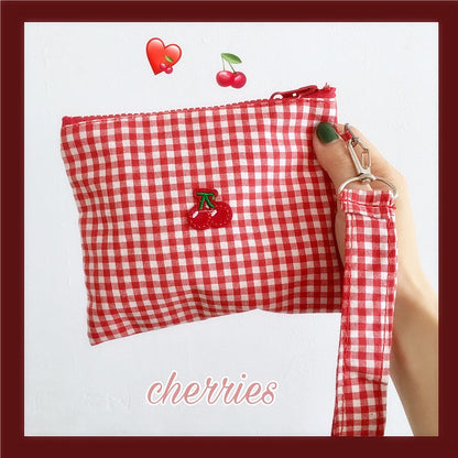 1 Pc Ins Cherry Red Plaid Makeup Lipstick Bag Young Girls Sweet Clutch Make Up Wrist Pouch For Women Travel Cosmetic Case Bag