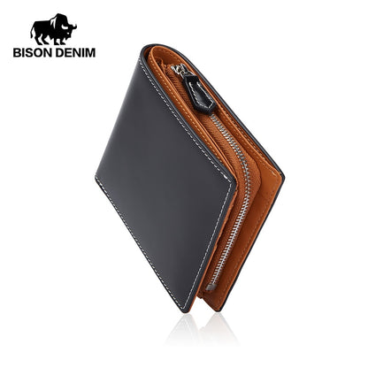 BISONDENIM New Men&#39;s Leather Folding Wallet Simple Luxury Fashion Wallet Zipper Coin Bag Multifunctional Card Holder W4545