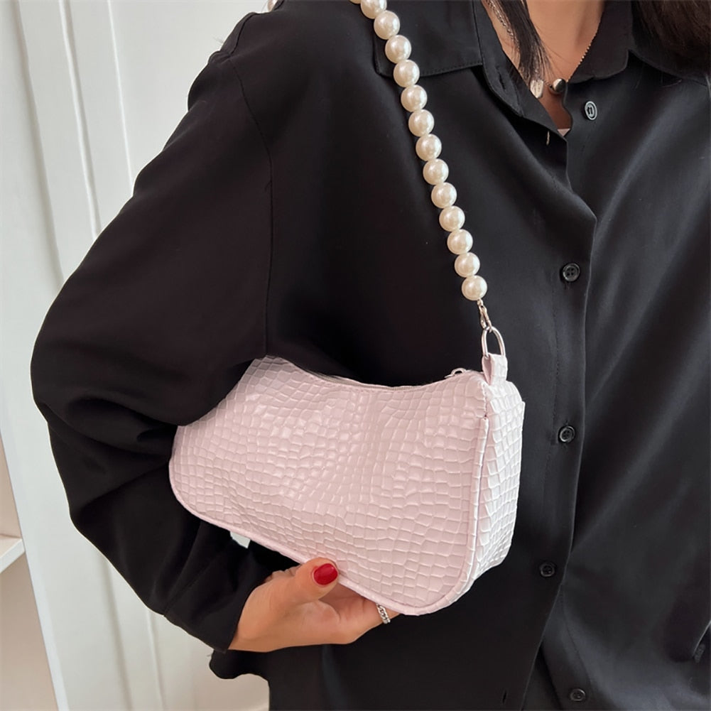 Fashion Women PU Leather Shoulder Bags Stone Pattern Solid Pearl Chain Underarm Bag Casual Ladies Small Hobos Handbags Purses