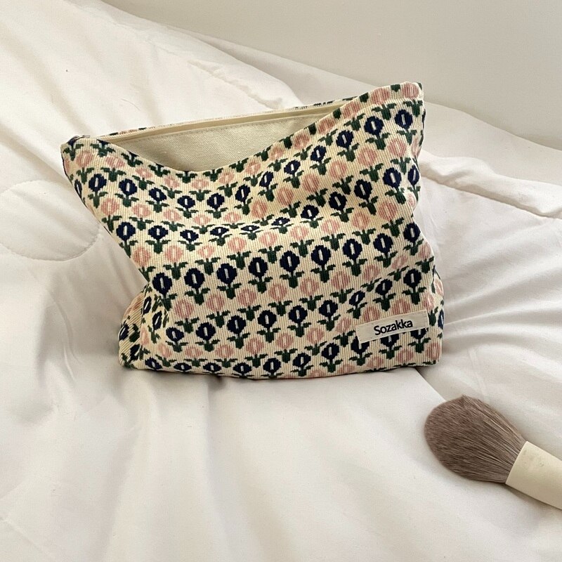 Women Corduroy Plaid Flowers Cosmetic Lipsticks Bag Korean Student Pencil Case Travel Makeup Brushes Bag Neceser Organizer Bags