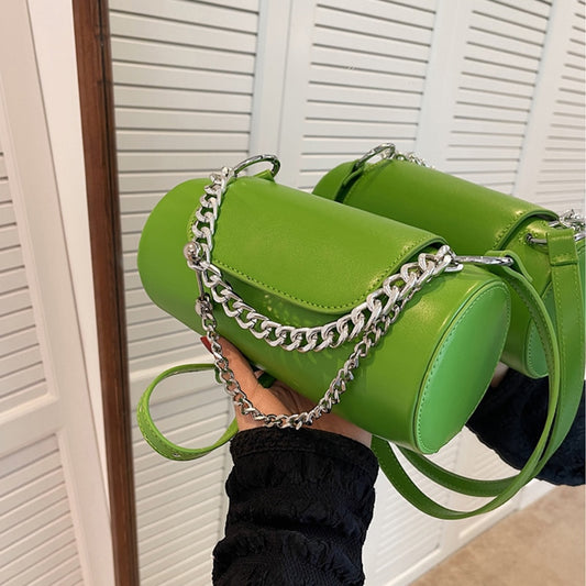 Designer Chain Y2k Handbag Woman Simple Solid Pu Shoulder Crossbody Bag Female Fashion Luxury Green Cylinder Bag For Women&#39;S