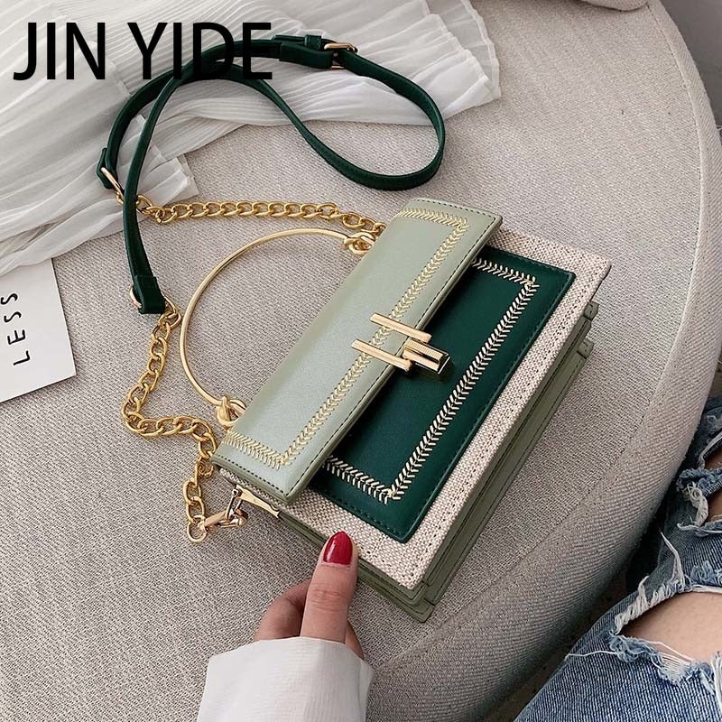 JIN YIDE Contrast Color Pu Leather Crossbody Bags for Women Chain Messenger Shoulder Bag with Metal Handle Lady Tote Handbags