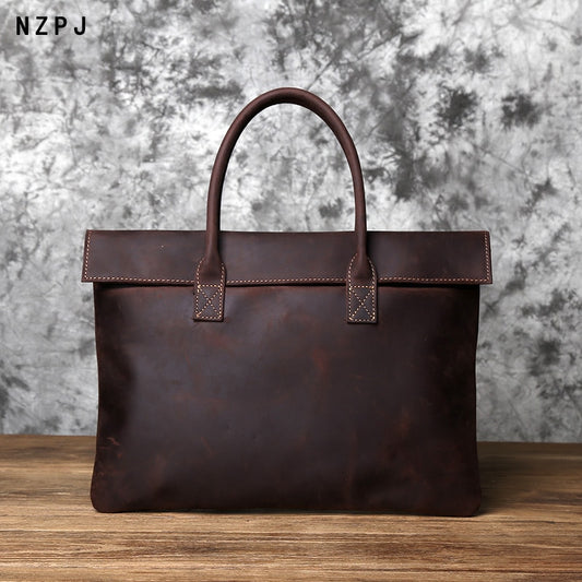 NZPJ Retro Men&#39;s Briefcase Leather Casual HandbagTop Layer Cowhide Business Tablet Bag Thin Clutch For 16-Inch Laptop