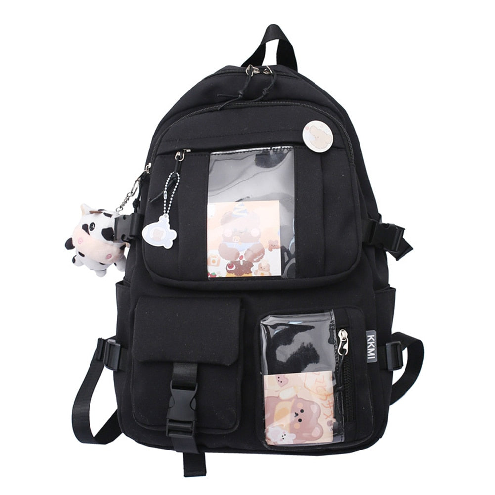 Preppy Style Students School Bags Transparent PVC Patchwork Women Backapck Casual Large Capacity Travel Rucksack with Pendant