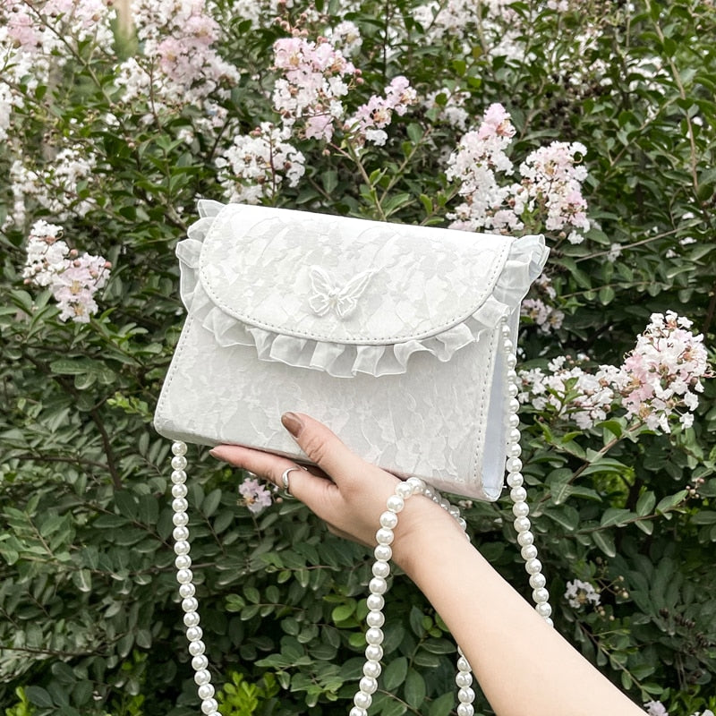 Vintage Lace Pearl Chain Ladies Small Square Shoulder Bag Retro Crossbody Bags Female Clutch Purse Handbags for Women