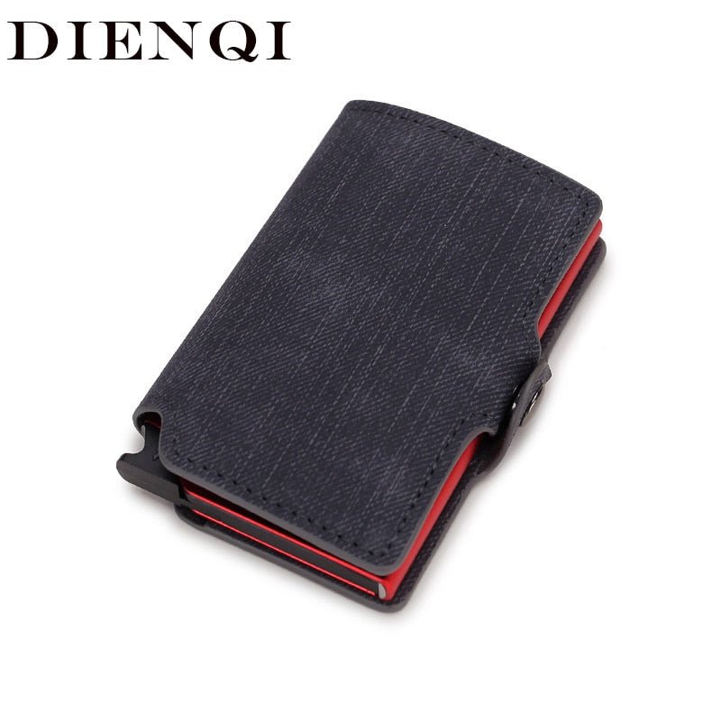 DIENQI Carbon Fiber Card Holders Wallets Men Brand Leather Mini Slim Wallet Money Bag Metal RFID Women Thin Small Smart Vallet