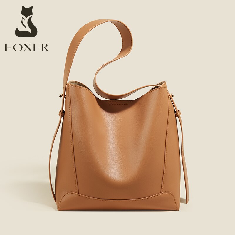 FOXER Lady Shoulder Messenger Bags Office Commuter Purse Split Leather Women Bucket Bag Retro Large Capacity Handbag Wide Strap