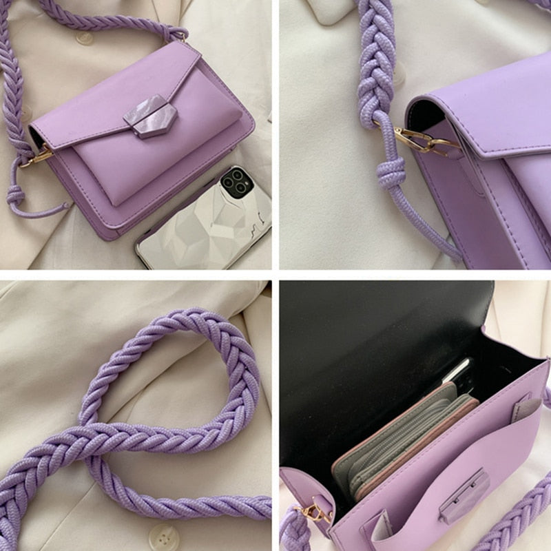 Crossbody Flap Weave Strap Totes Small Shoulder Bags for Women Messenger Bag Purse Solid Color Female Handbag PU Leather Pouch