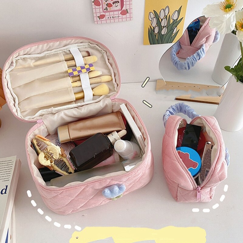 Women&#39;s Tulip Flowers Pouch Large Capacity Travel Cosmetic Bag Corduroy Zipper Toiletry Bags Portable Storage Box Casual Organiz