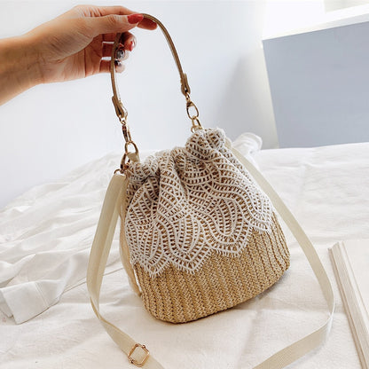 Women&#39;s Crossbody Bag Bohemian Summer Straw Beach Bags Lace Female Handbag Pearl Shoulder Messenger Bags Drawstring Bucket Bag