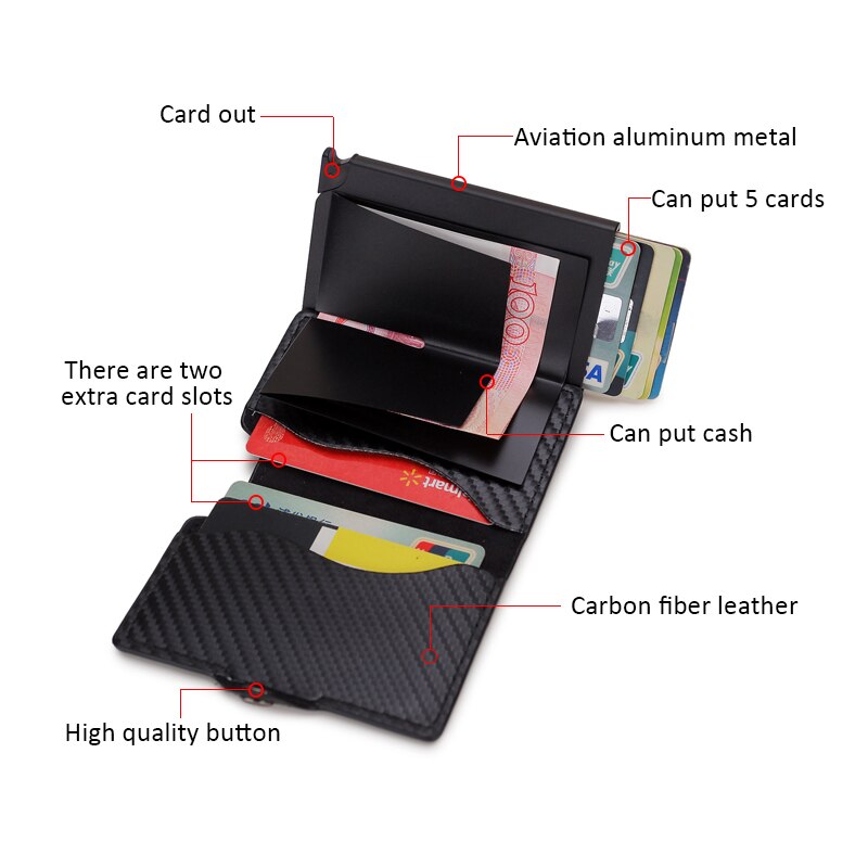 DIENQI Carbon Fiber Card Holders Wallets Men Brand Leather Mini Slim Wallet Money Bag Metal RFID Women Thin Small Smart Vallet