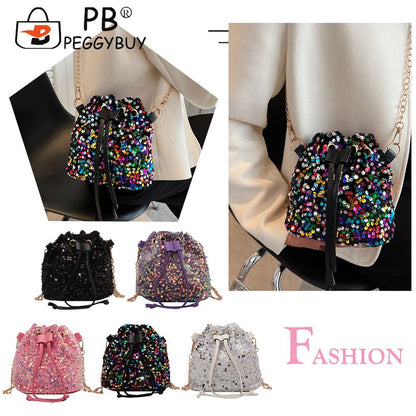 Women Fashion Crossbody Bags Sequins Solid Color Drawstring Messenger Bag Ladies Casual Bags Winter Supplies